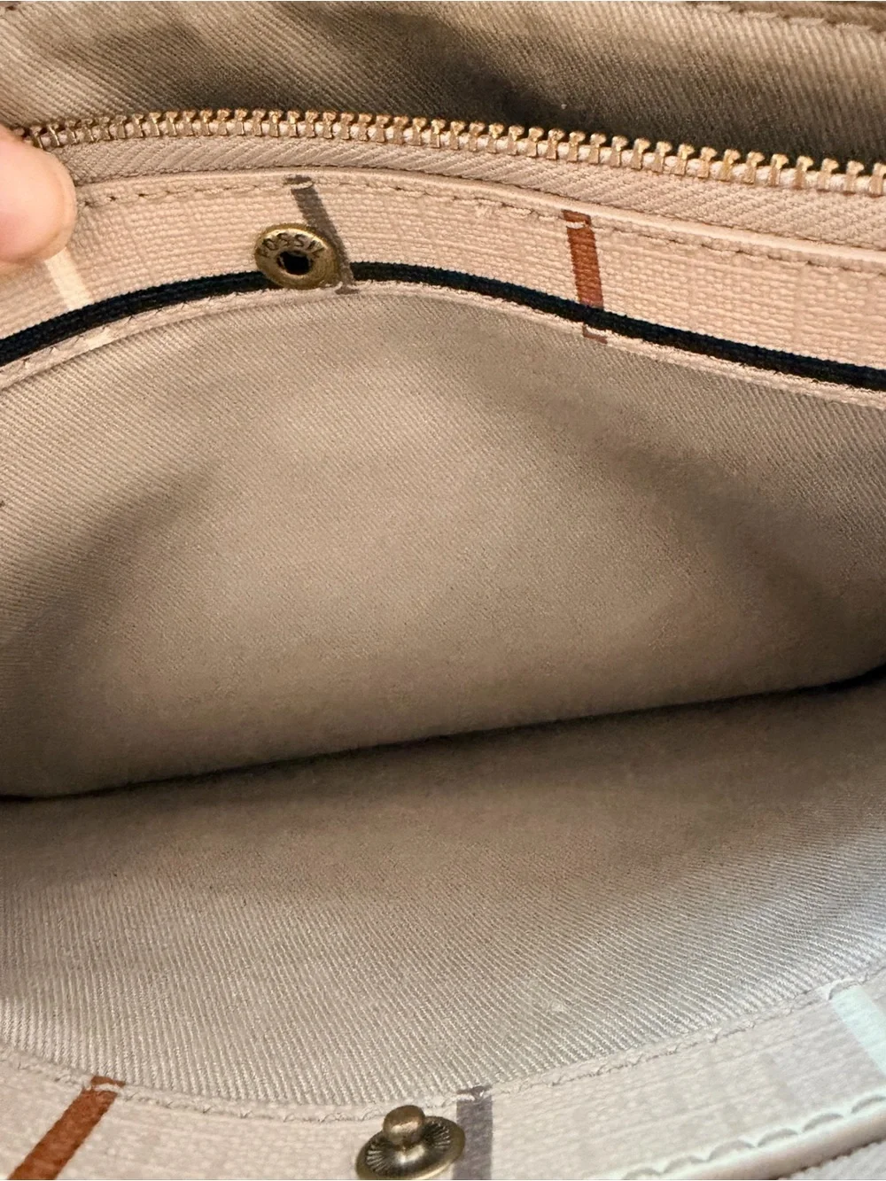 Fossil Devon Greige and Brown Plaid Crossbody Bag with Key Charm
